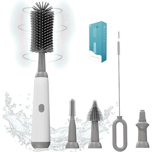 Electric Bottle Brush Set, 360°Automatic Bottle Brush Cleaner with 3 Sizes Replaceable Silicone Bottle Brush and Extension Handle for Long Bottles,Straw Cleaner Brush,IPX65& Rechargeable(Grey)