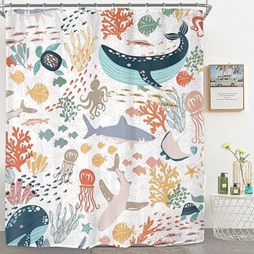 Riyidecor Kids Sea Animal Shower Curtain for Bathroom Decor 60Wx72H Shark Fish Funny Cartoon Underwater Ocean Colorful Nature Turtle Whale Art Printed Fabric Polyester Waterproof 12 Pack Plastic Hooks