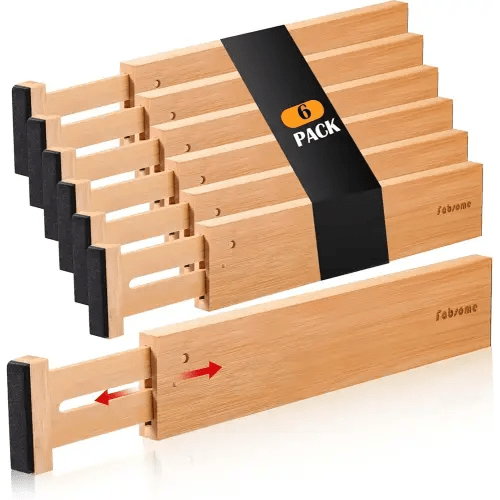 Fabsome Drawer Divider 6 Pack, Bamboo Dresser Organizers for Clothes Socks Underwear Baby Clothing, Wooden Separators for Nursery Organization Adjustable from 12.5'' to 17'' with Soft Foam Ends
