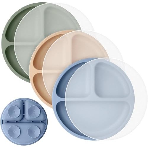 Cutebe 3 Pack Toddler Plates with Lids Baby Plates with Soft Material Silicone Suction Plates for Baby with Divided Design & Raised Edges Suction Plates for Feeding