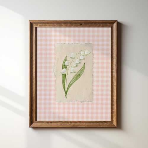 Pink Gingham Lily of the Valley, Digital Print, Wall Art, Trendy Decor, Abstract Vintage Painting, English Garden, Floral, Cottage
