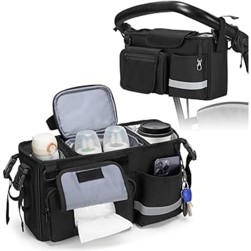 Parent Console Stroller Organizer Compatible with WONDERFOLD W&X, with 2 Insulated Cup Holders, A Removable Cooler Bag, Adjustable Buckle Strap Handle Attachment, Black