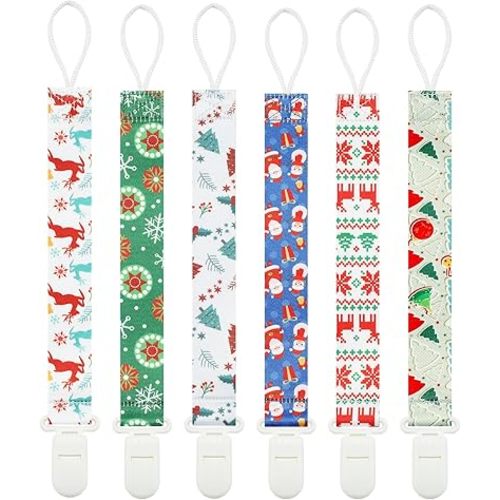 Christmas Pacifier Clips, 6 Pack Binkie Paci Holder for Boys and Girls Fits for Most Pacifiers, Teethers & Toys and Xmas Gift (Snowman,Snowflake)