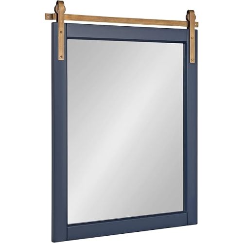 Kate and Laurel Skylan Modern Farmhouse Decorative Wood Framed Wall Mirror, 22 x 28, Navy and Antique Gold, Barn Door-Inspired Wall Hanging Mirror for Bathroom or Living Room Uses