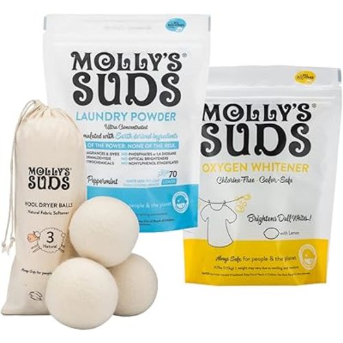 Molly's Suds Starter Pack | Includes 70 Load Natural Laundry Powder, 1 Package of Wool Dryer Balls & 1 Oxygen Whitener