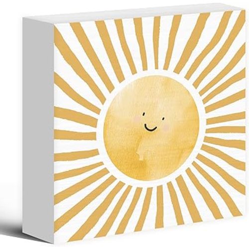 Inspirational Sun Sunshine Wood Box Sign Desk Decor 8X8, Pop Smiles Rustic Farmhouse Wooden Block Sign Decorations for Home Office Girls Dorm Room Nursery Playroom Wall Tabletop Shelf Decor