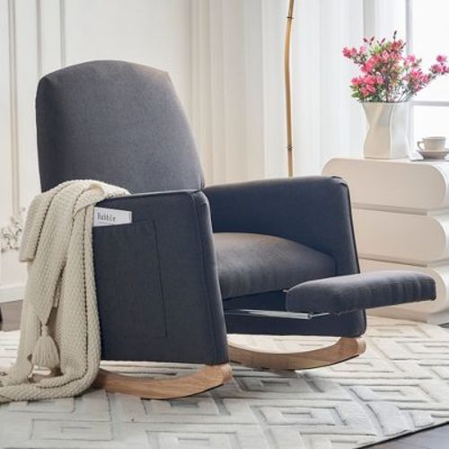 Cotton Linen Nursery Rocking Chair, Upholstered Accent Chair With Adjustable Footrest And Pocket 4w, Light Gray -modernluxe