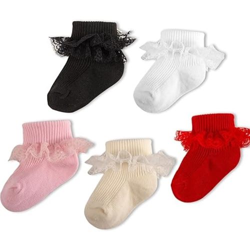 Baby Girls Socks Eyelet Double Lace Ruffle Socks Cotton Turn Cuff Frilly Socks for Preemie Newborn Infant Toddler