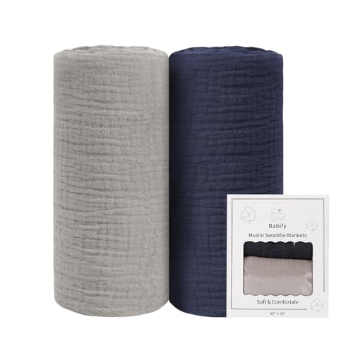 babify Baby Swaddle Blanket Neutral - Lightweight and Breathable Muslin Swaddles for Newborns - Receiving Blanket for Baby Boys and Girls (Bluegrey, 2pack)
