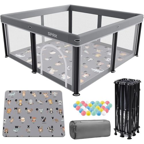 Foldable Baby Playpen With Mat,50"×50" Collapsible Playard For Babies And Toddlers,Indoor&Outdoor Kids Safety Play Pen,Portable Travel Playpen ‌With Travel Pack And 50 Ocean Balls