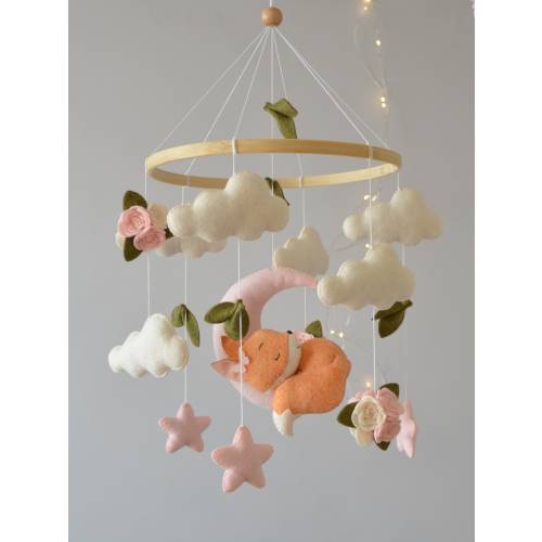 Fox baby mobile girl. Boho baby mobile. Baby mobile with sleeping fox.  Baby shower gift.