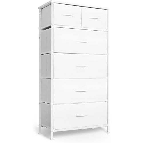 Mifuro Tall Dresser for Bedroom, Vertical Storage Organizer Tower with 6 Drawers, Chest of Drawers with Fabric Bins, Steel Frame, Wood Top for Bedroom, Closet, Entryway- White