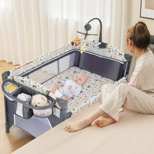 OLAKIDS Baby Bedside Sleeper with Bassinet, Diaper Changer, Mattress, Carry Bag, Music Box & Hanging Toys, Foldable Bedside Crib, Portable Playard for Newborn Toddlers (5 in 1, Bear)