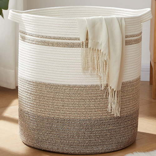 CHERISHGARD Large Laundry Basket， Cotton Rope Storage Basket, Woven Blanket Basket Living Room， Large Kids Toy Storage Organizer Bins