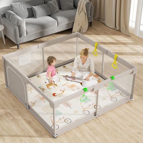 Fodoss Baby Playpen with Mat ,59 x59 In Playpen for Babies and Toddlers, Indoor & Outdoor Activity Center, Safety Baby Fence (59×59×27inch, gray)
