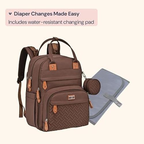 BabbleRoo Diaper Bag Backpack - Multi-Function Waterproof Baby Travel Tote with Changing Pad, Stroller Straps & Pacifier Case