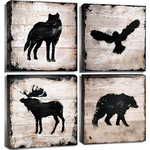 Cabin Decor Rustic Animal Canvas Wall Art Woodland Nursery Wolf Moose Deer Bear Pictures Hunting Decor Farmhouse Mountain Wildlife Paintings for Lodge Bathroom Bedroom Home Decorations 12x12" 4 Piece - 12 × 12" - Animal Silhouette