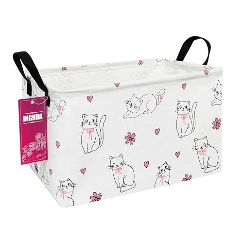 INGHUA Rectangular Storage Basket Fabric Organizer Bin for Toys,Books,Clothes,Gifts,Pets-Perfect for Home,Office,Nursery,Dorm,Shelf(Rec-Love cat )
