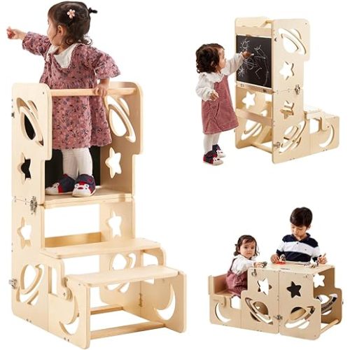 Toddler Tower, Toddler Stool for Kitchen, Kids Learning Wooden Tower, Foldable Weaning Table with Kids Step Stool, Montessori Toddler Standing Tower for Bathroom and Kitchen Counter