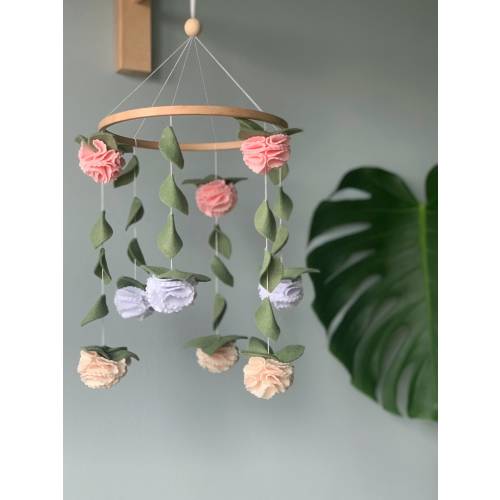 Flowers baby mobile, leaf crib mobile, green floral baby mobile, hanging mobile, wooden crib mobile, green mobile