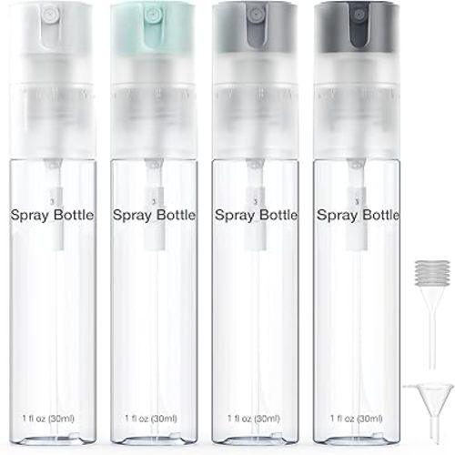 4 Pack Refillable Spray Bottle, Reversible Small Empty Spray Bottle with Fine Mist, Leak Proof - for Cleaning Solutions, Mosquito prevention, Face & Hair Mist - 4pk 1 OZ / 30 ML