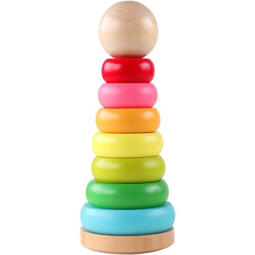 Stacking Rings Toy Wooden Rainbow Stacker Toddler Learning Toys for 18 Months 2 Year Old Baby Boys Girls Non-Toxic
