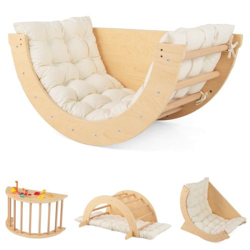 Costway 6 in 1 Climbing Arch Wooden Rocker Arch Climbing Toy with Removable Cushion Beige