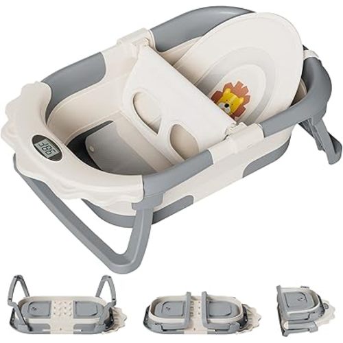 TPN 4-in-1 Grow-with-Me Collapsible Baby Bathtub, Baby Tub for Newborns to Toddler with Soft Floating Cushion & Thermometer, Portable Baby Bath Tub, Infant Bathtub for Bath Support in Tub,Grey