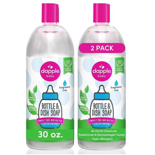 Dapple Baby Bottle Soap, Hypoallergenic Dish Soap for Baby Bottles, Powered by Plants, Fragrance Free, 30 Fl Oz Refill (Pack of 2)