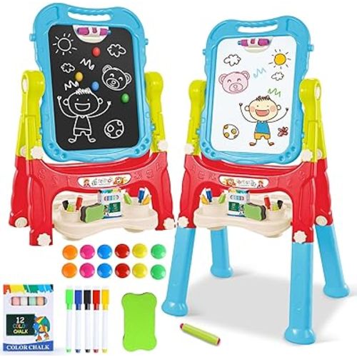 Toddler Art Easel Toys, Magnetic Chalk Board and White Board Easel for Kids with Painting Accessories, Rotatable Double Sided Easel, Birthday Gift for Boys and Girls