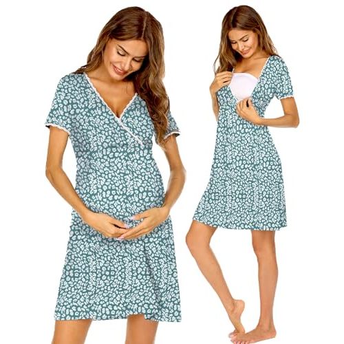 Ekouaer Nursing Nightgown Delivery and Labor Gown for Hospital Short Sleeve Maternity Breastfeeding Dress