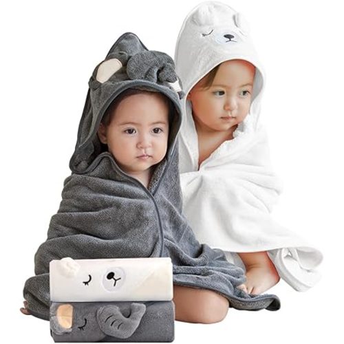 Baby Hooded Bath Towel,2 Pack kiddook Babie Towels for Newborn,Infant,Toddler,Ultra Absorbent Soft (White Bear+Elephant)