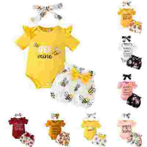 Sopiago Baby Girl Summer Clothes Girl Outfits Romper Shorts Set Cute Baby Clothes Girl Yellow,3-6 Months
