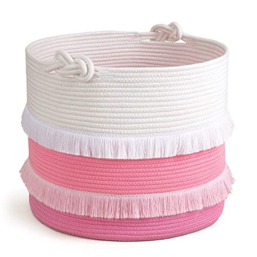 CherryNow Large Rope Basket – 16''x13'' Pink Decorative Woven Basket for Toys, Blankets, or Laundry, Cute Tassel Decor for Baby & Girl - Home Storage Container - Large (Pack of 1)