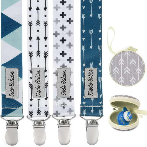 Dodo Babies Silicone Infant Pacifier Clip Set - Universal Holder, Binky Case, Teether Toys, Car Seats - Blue/Teal Prints