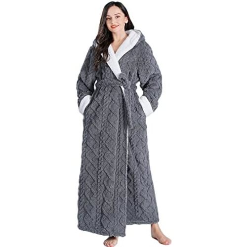 LKG women's robes long plush hooded ladies shower luxury christmas warm fuzzy robes house coat bathrobe for women full length