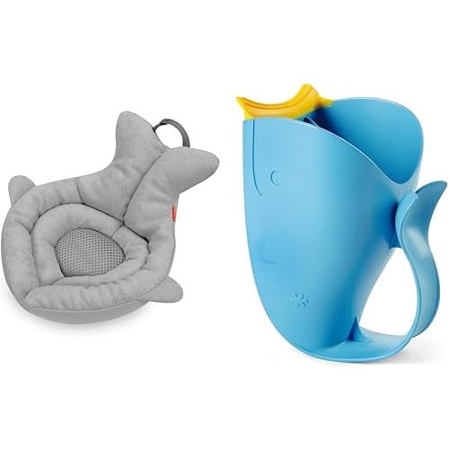 Skip Hop Soft Sink Baby Bath Tub and Rinse Cup Bundle, Moby Grey Whale Tub with Blue Waterfall Rinser