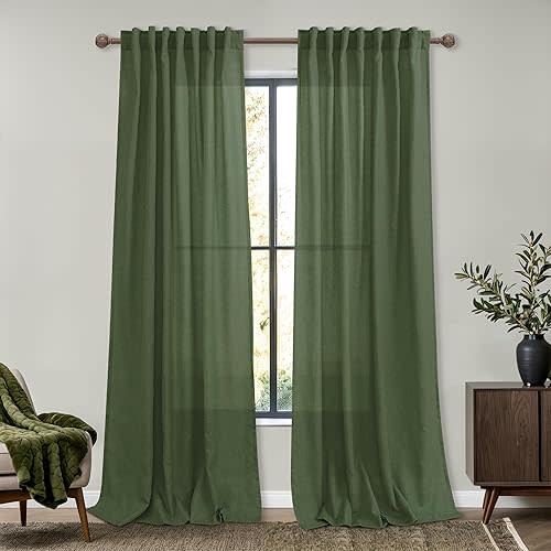 Mrs.Naturall Olive Green Curtains 84 Inch Length for Living Room 2 Panels Set,Light Filtering Moss Moody Boho Linen Sheer Curtain Drapes for Bedroom 84 Inches Long,Army Dark Green