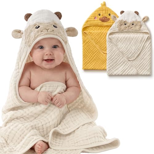 Blissful Diary Muslin Baby Hooded Towel 2 Pack, Soft & Absorbent Bath Towel for Infant, Toddler, Unisex, Baby Gift, Newborn Essentials, Sunny Duck & Gentle Lamb