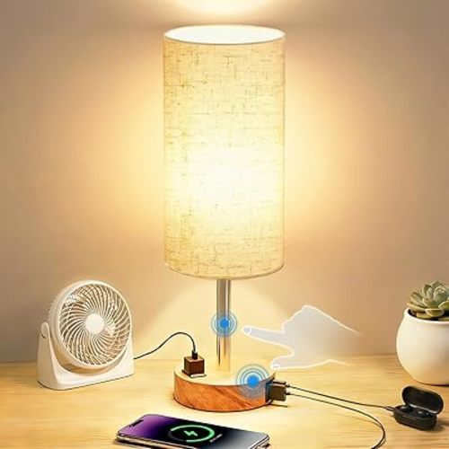 Table Lamp for Nightstand, High-Sensitivity Touch, 3-Level Dimmable Bedside Lamp with AC Outlet | USB | and USB-C, Ideal Night Stand Lamp for Bedroom, Reading, Living Room(Warm&Wooden)