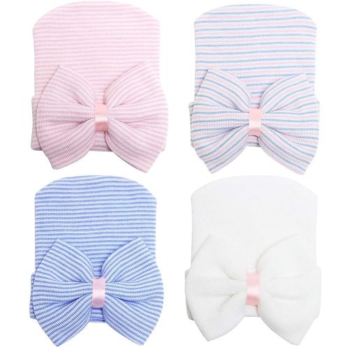 DRESHOW BQUBO 4 Pack Newborn Hospital Hat Infant Baby Hat Cap with Big Bow Soft Cute Knot Nursery Beanie