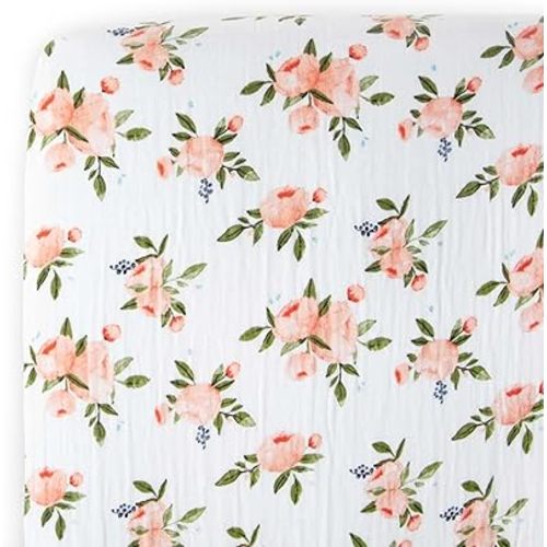 Little Unicorn Watercolor Roses Fitted Crib Sheet | 100% Cotton Muslin | Super Soft | Sized for Standard Baby Crib & Toddler Mattress | Machine Washable | 52” x 28” x 9”