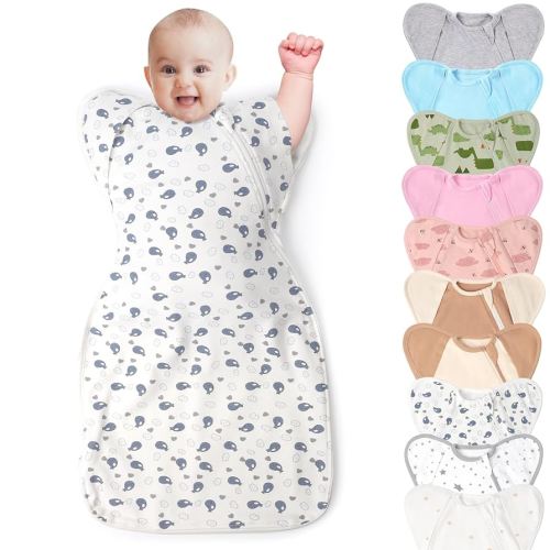 3-Way Wearable Swaddle Blankets Sleep Sacks with Arms Up, Hands Up Sleeping Sack Easy Diaper Changing Sleeping Bag for Baby Boy Girl Newborns Transitions to Arms-Free Calms Startle Reflex