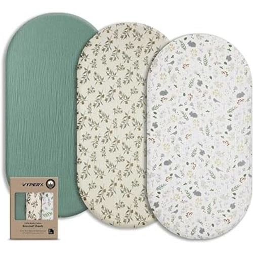 Muslin Bassinet Sheets 32" x 18", Baby Bassinet Mattress Fitted Cover, Universal Fit for Halo, Fisher Price, Delta, Graco, Other Oval Bassinet or Cradle,3 Pack for Girl or Boy (Roman Green)