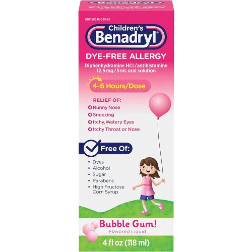 Benadryl Children's Dye-Free Allergy Liquid Medication with Diphenhydramine HCl, Antihistamine Allergy Relief Medication for Kids, Alcohol-Free, Bubble Gum Flavor, 4 fl. oz