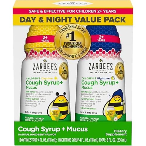 Zarbee's Children's Honey Cough Syrup + Mucus Day & Night Value Pack, Daytime & Nighttime Toddler Cough Syrup with Dark Honey & Ivy Leaf Extract, Mixed Berry Flavor, Two Pack, 2 x 4 fl. Oz