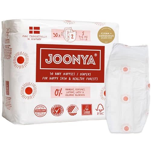 Joonya Baby Diapers, Size 2 S (7-13 lb) - 1 Bag of 30 - New Range - NonToxic, Eco-Friendly, Ultra Slim, Overnight Use - Made in Denmark