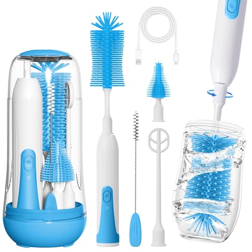 Electric Bottle Brush Cleaner, Portable Baby Bottle Washer, Travel Bottle Cleaner Brush Set with Silicone Bottle & Nipple & Straw Brush(Blue)