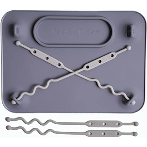 BUSY BABY Silicone Placemat - Built-in Suction Cups - 4 Toy Tethers for Babies Toddlers and Kids - Food Grade Silicone - 8.5 x 11 in - Comes with Travel Sleeve - Dishwasher Safe - Pewter