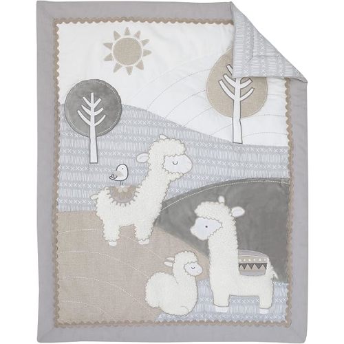 NoJo Mama's Little Llama Grey, White and Charcoal 4 Piece Nursery Crib Bedding Set - Comforter, Crib Sheet, Dust Ruffle and Nursery Organizer